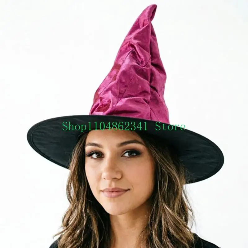 652F Cosplay Party Witch Hat with Pointed Ruched Top Wide Brimmed Polyester Costume Piece for Halloween Role Play and Photos