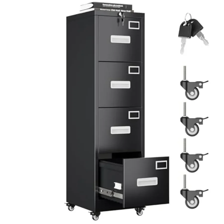 4 Drawer File Cabinet with Lock and Wheels, Metal Vertical Filing Cabinet with Anti-Tilt Interlock System for Home Office, Fits