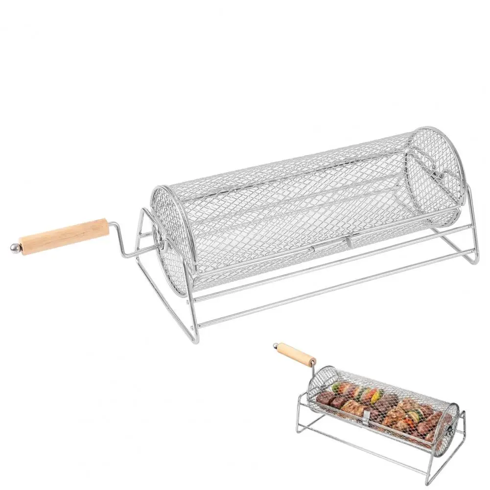 food-grade-stainless-steel-rolling-bbq-grill-mesh-basket-rotisserie-basket-with-base-roll-for-barbecue-cage-outdoor-roaster