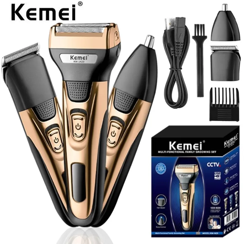 

Kemei grooming kit electric shaver for men beard hair trimmer body nose ear shaving machine face electric razor rechargeable