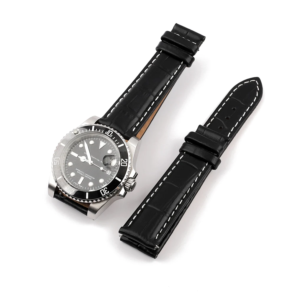 20mm Durable Watchband No Buckle Bamboo Pattern Watch Strap for Quick Release Comfortable Black Bracelet leather