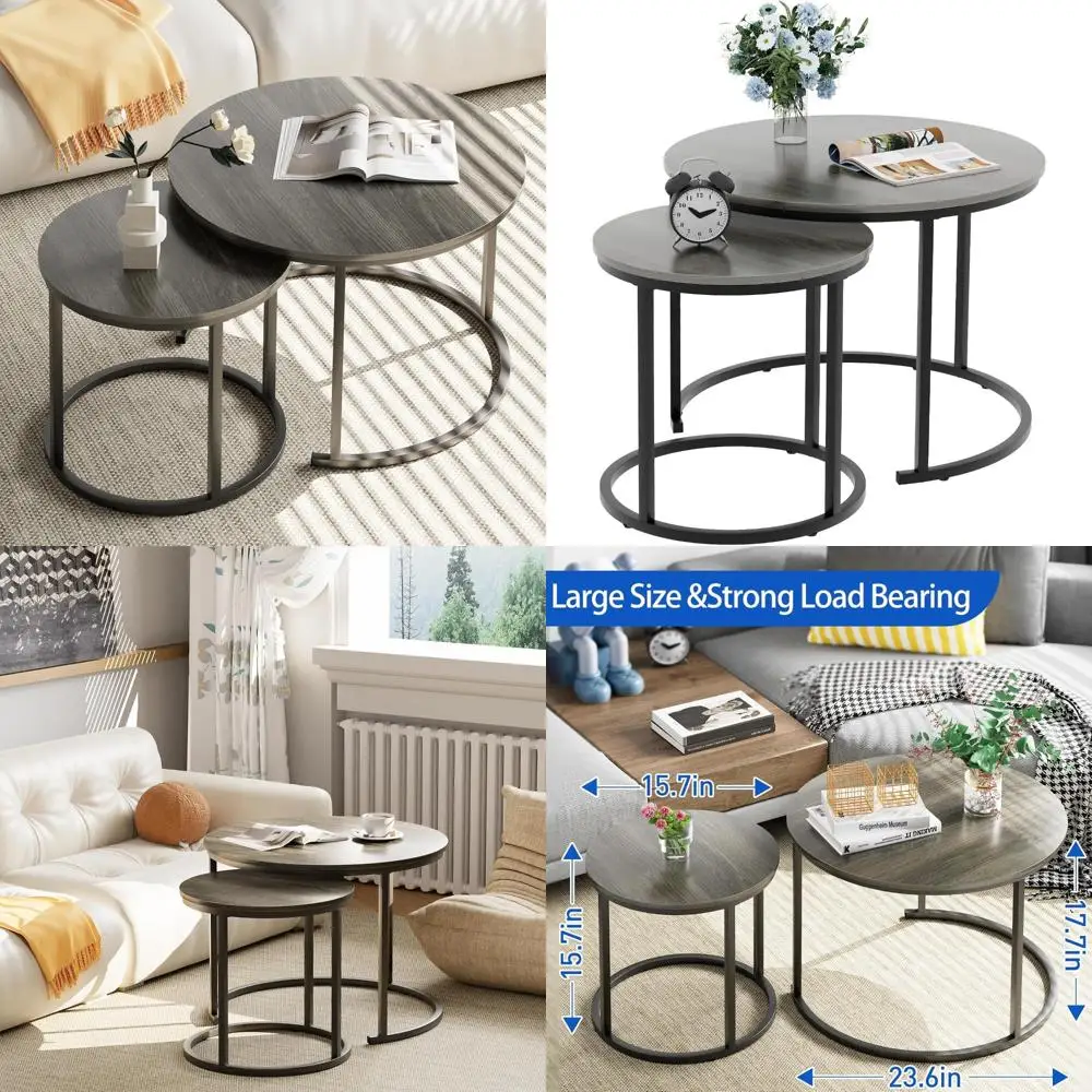 

Wooden Nesting Coffee Tables Set with Metal Frame, Round Side Tables for Living Room, 23.6 Diameter