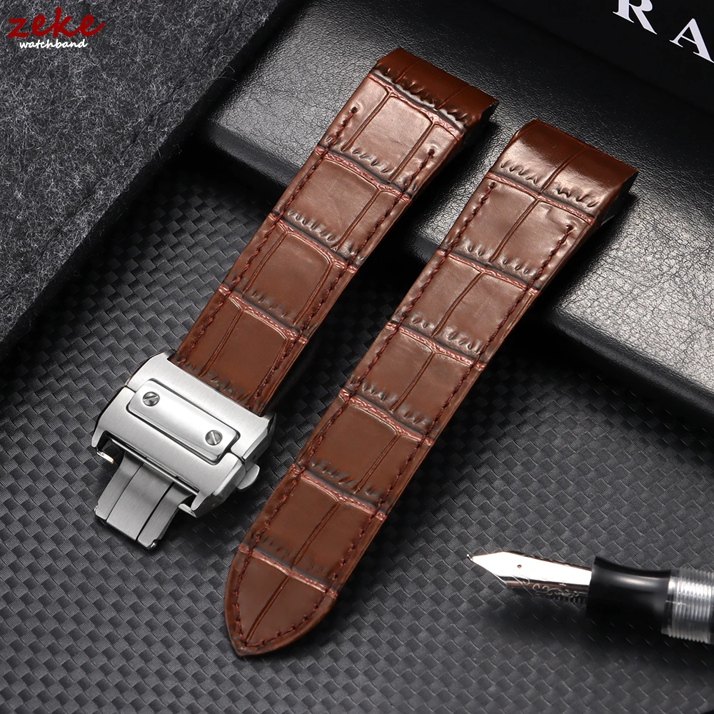 Genuine Calfskin Leather Watch Straps Slub Pattern 20mm 23mm Watch Band for Cartier Santos for Men Women Folding Buckle Bracelet