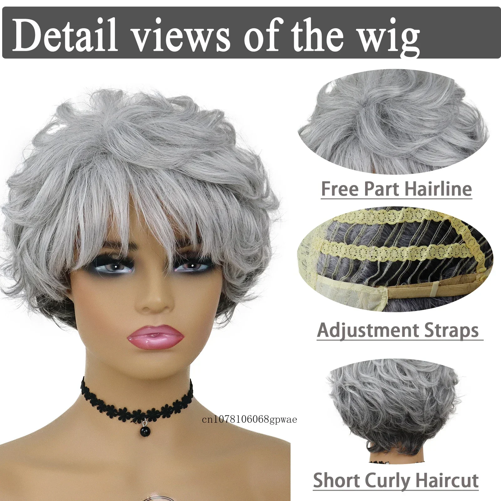 باروكات صناعية قصيرة مجعدة باللون الرمادي للنساء، باروكة للسيدات العجوز مع غرة، لون رمادي، شعر مستعار كوسبلاي للحفلات التنكرية اليومية للهالوين #5