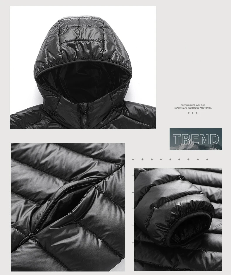 Mens Winter White Duck Down Jackets Hoodie Portable Ultra Light Thin Male Hoody Stand Collar Jacket Outwear Down Coat DJ03