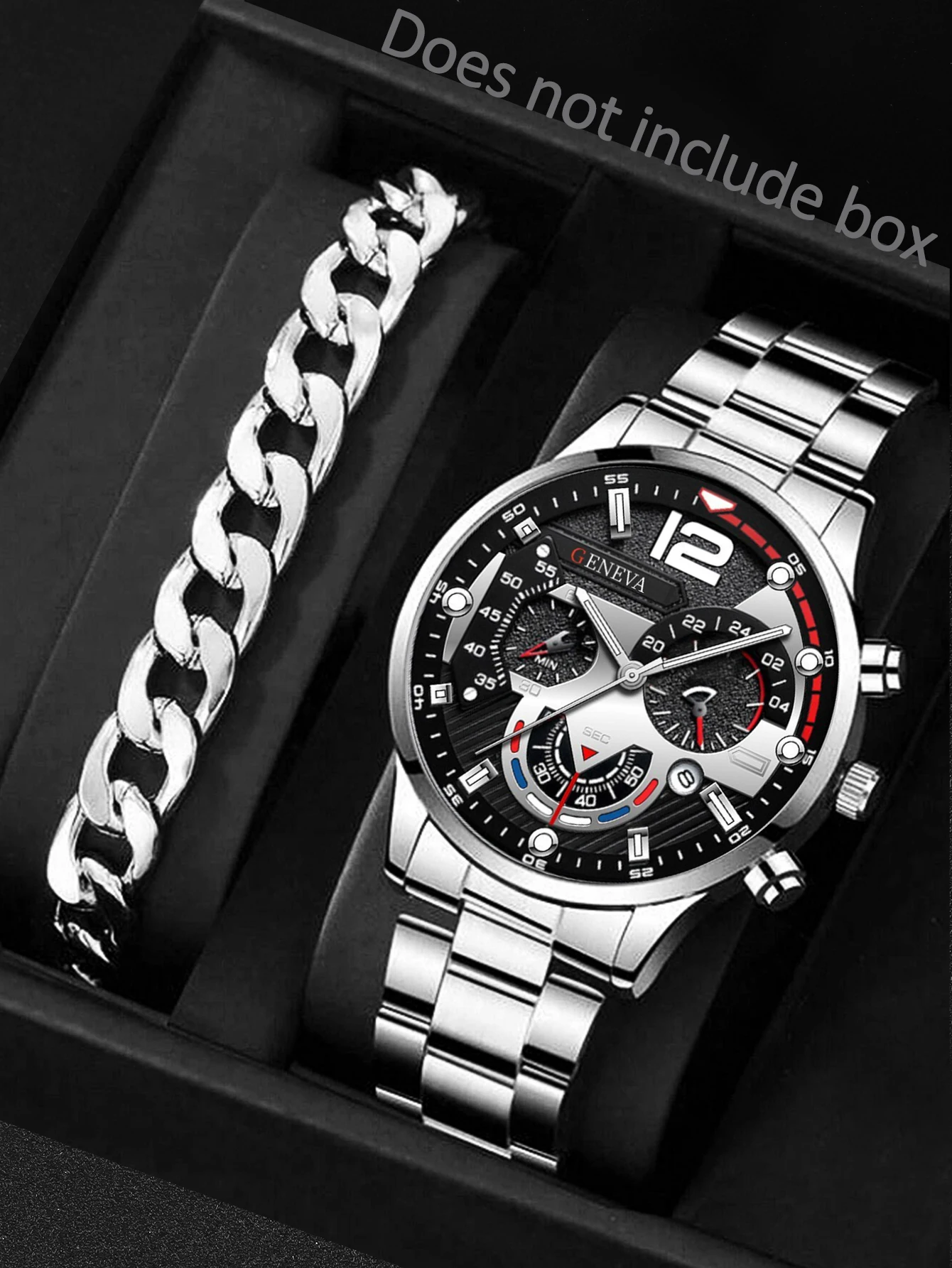 3PC/2PCS Silver & White Mechanical Design Men\'s alloy with calendar quartz watch and Cuban bracelet necklace set gift