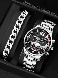 3PC/2PCS Silver & White Mechanical Design Men's alloy with calendar quartz watch and Cuban bracelet necklace set gift