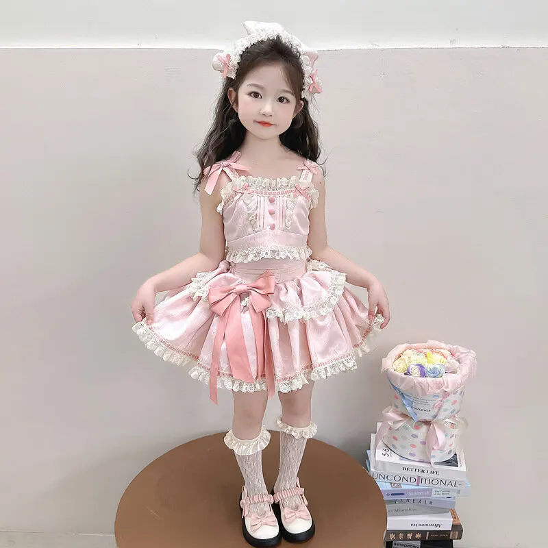Girls Suit 2026 Summer New Childrens Clothing Korean Style Girl Baby Sweet Bowknot Halter Vest Lovely Lace Half Skirt Three Sets
