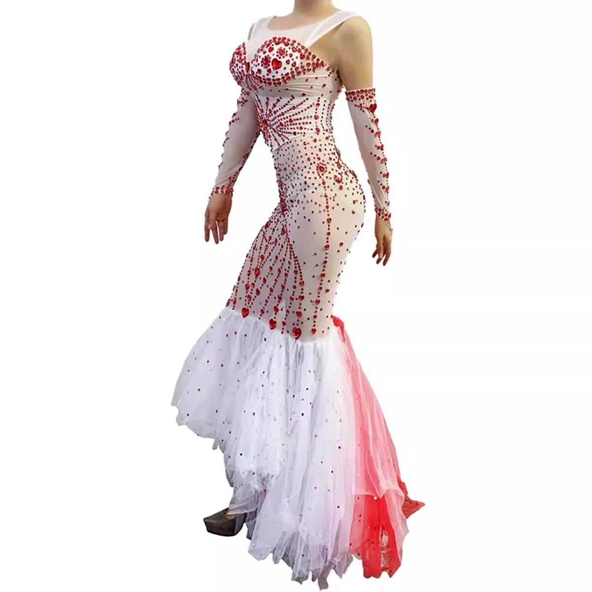 เพชรชุดวันเกิดหัวใจสีแดงเพชรTulleเสื้อกั๊กFishtailชุดวินเทจแฟชั่นVestidos De Gala De Noche Party Dresses
