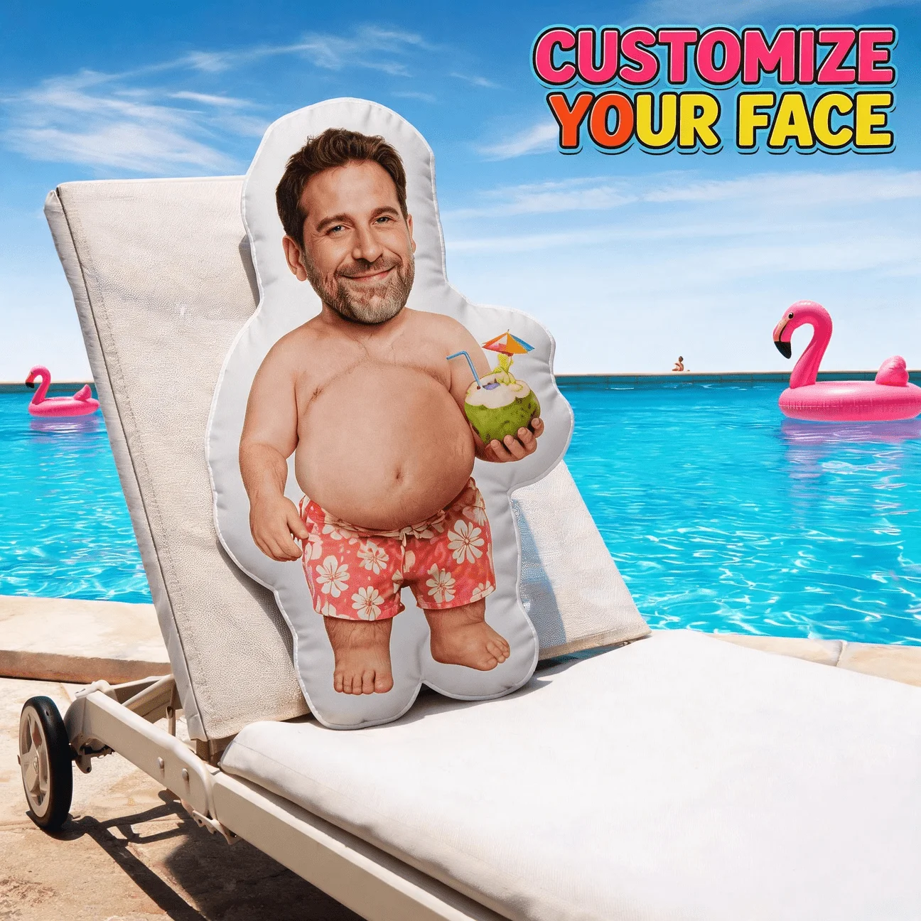 Custom Funny Face-Shaped Pillow, Personalized Photo Body with Adult Head Holding Coconut, Novelty Decorative Cushion for Sofa An