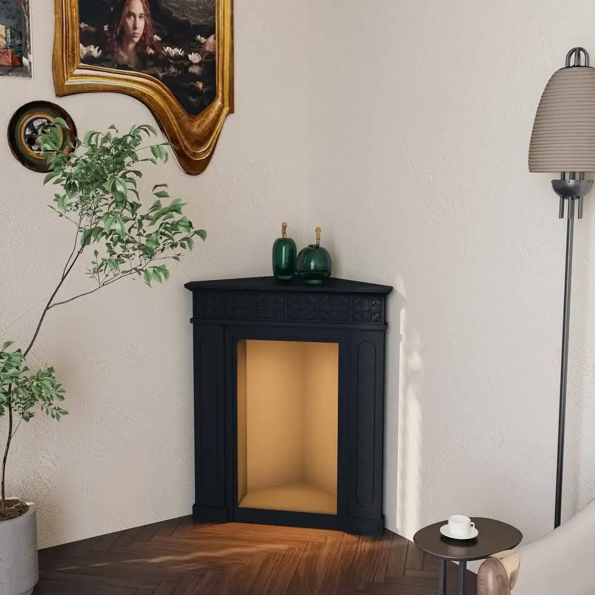 triangle with light carved fireplace cabinet,  entrance corner side cabinet, decorative corner cabinet against the wall