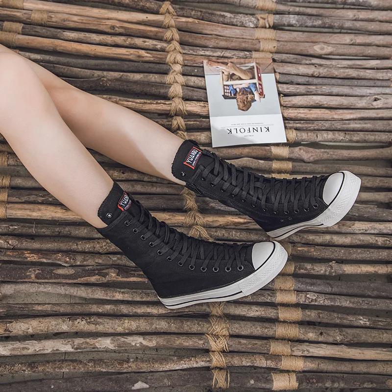 

Summer High Top Women's Shoes Knee High Boots Side Zipper Flats Vulcanized Shoes Lace-Up Comfortable Platform Sneakers Female