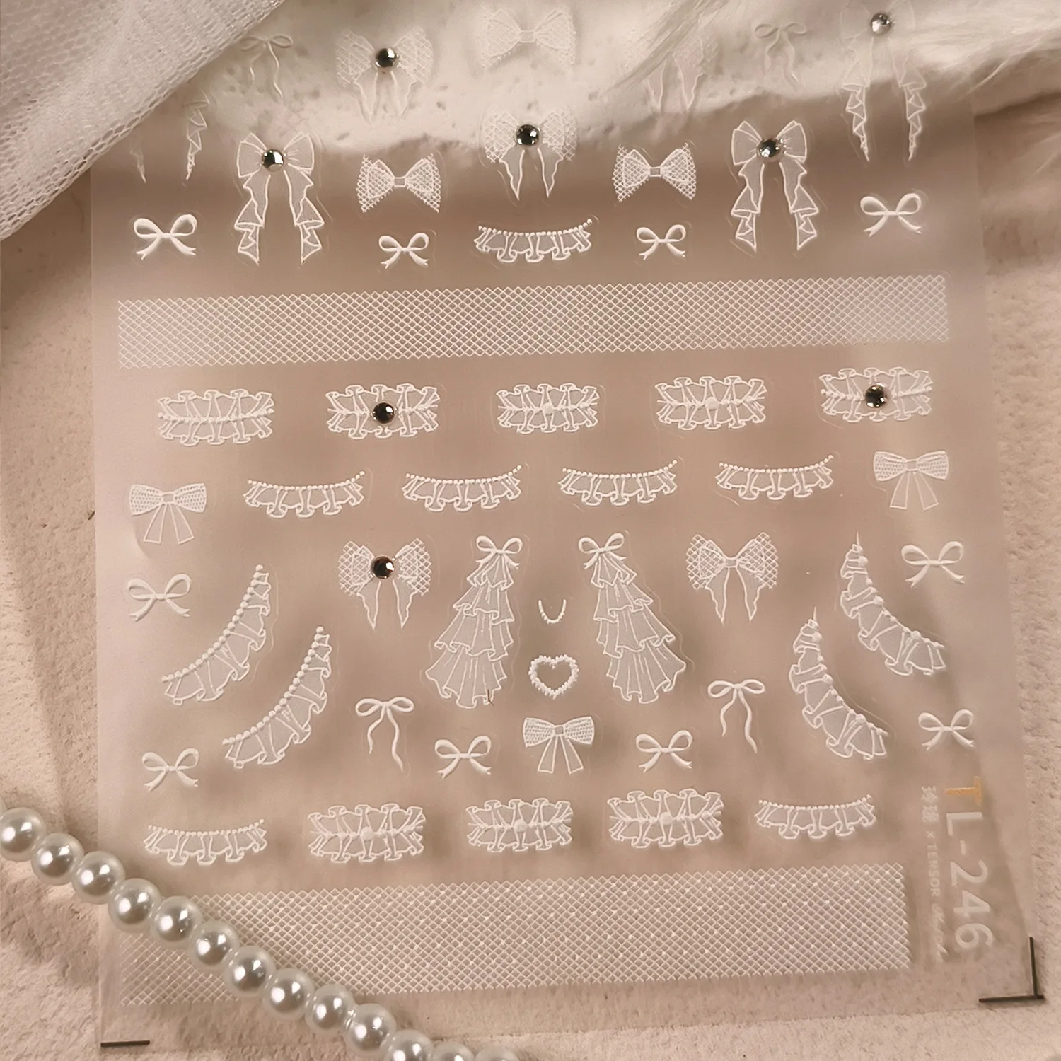

White Lace Bowknot Wedding Veil Shiny Rhinestone 3D Self Adhesive Nail Art Decoration Stickers Tassel Ribbon Bow Manicure Decals