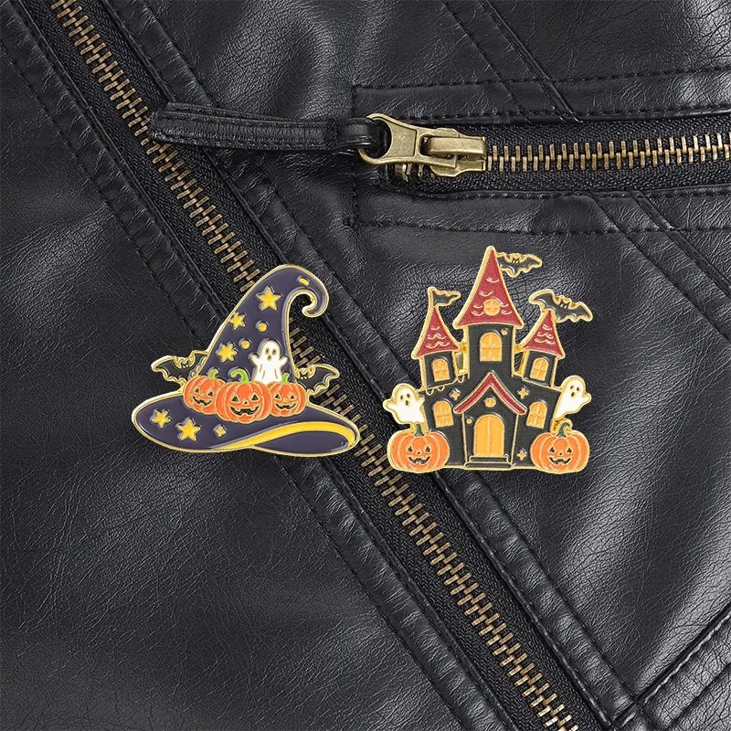 Red Black Haunted House Castle Halloween Enamel Pin Spooky Ghost Pumpkin Brooch for Men Women Denim Jacket Backpack Gift