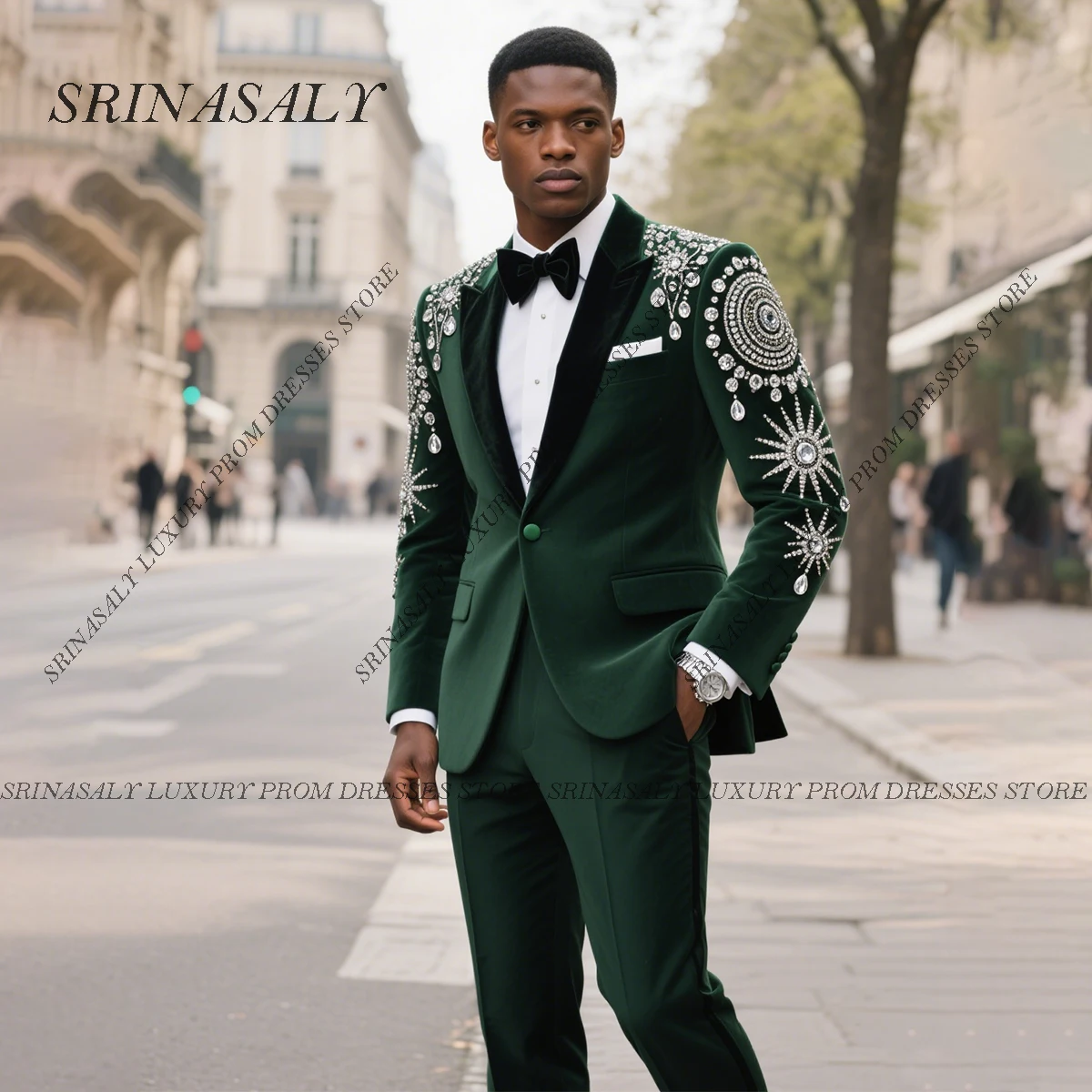 

Customized Elegant Slim Fit Vevet Men Suit Groom Male Blazers 2 Pieces Sets Wedding Tuxedos High End Beaded Crystals Ropa hombre