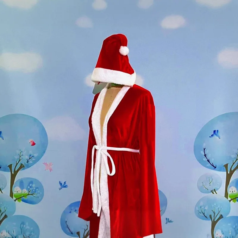 سانتا كلوز زي الأحمر المخملية كيب الكبار أعلى السراويل قبعة ثلاث قطع تأثيري الرأس