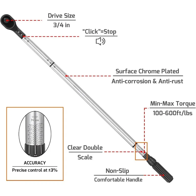 3/4-Inch Drive Click Torque Wrench, Dual-Scale Adjustable Torque Wrench Set with a Hex Key 100-600ft.lb / 135-815Nm