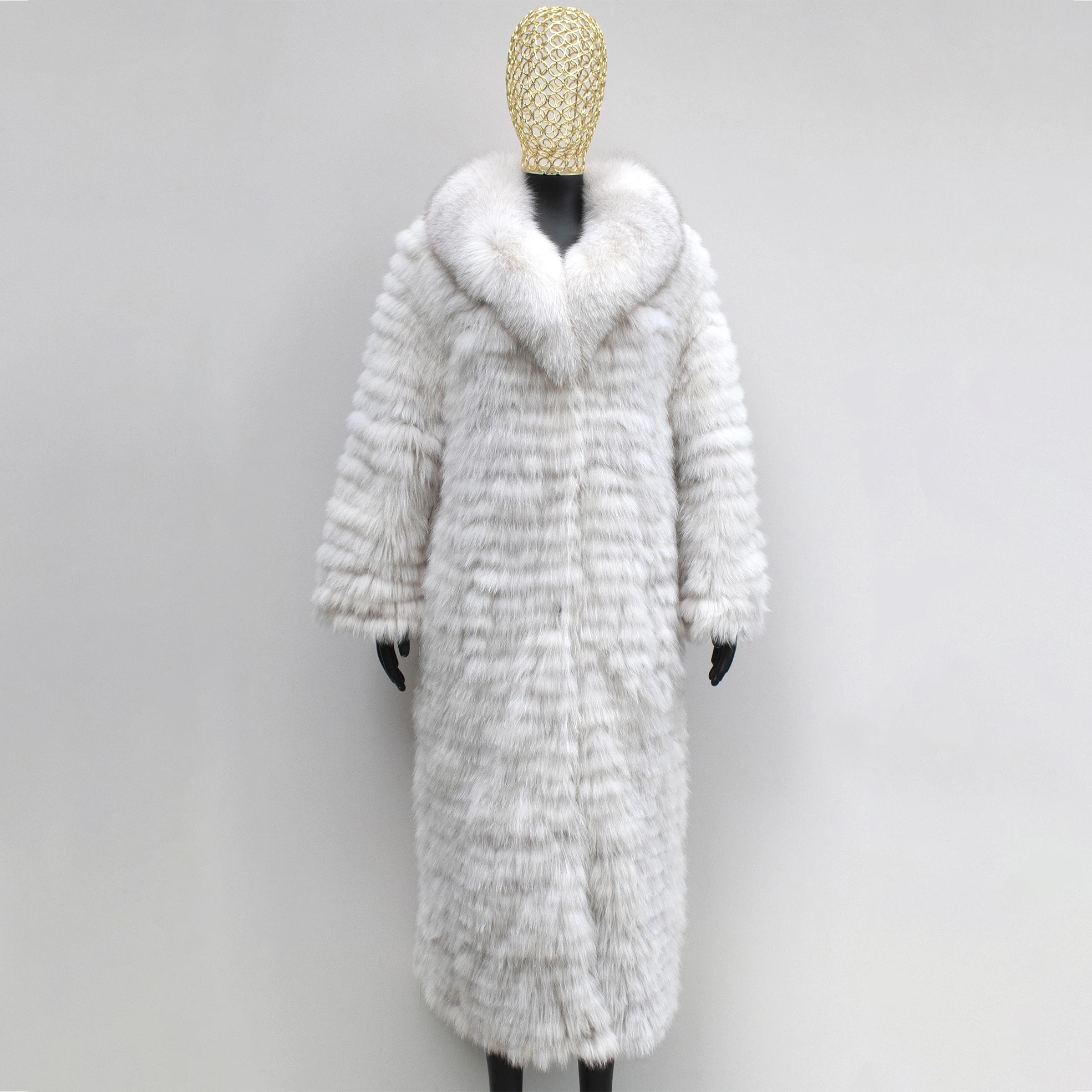 معطف نسائي محبوك من فراء الثعلب المخطط الحقيقي سترة خريف طويلة ملابس خارجية غامضة ملابس فروي فاخرة