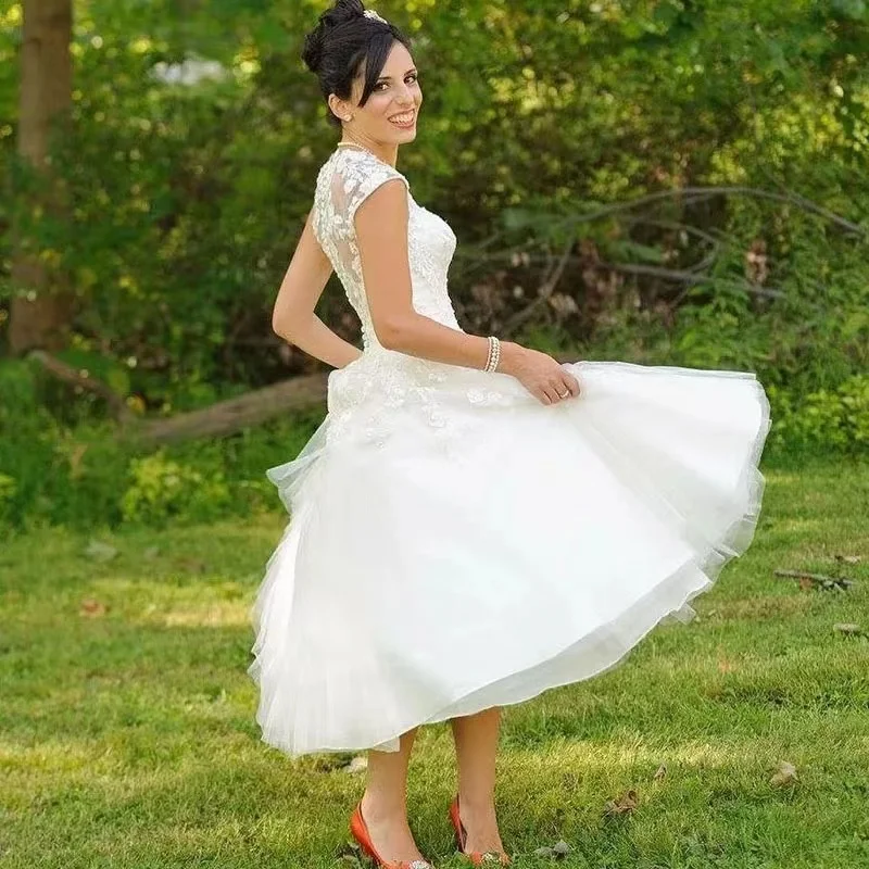 Vestidos de casamento curtos personalizados uma linha branco vintage querida vestido de casamento renda chá comprimento vestidos de noiva 2022