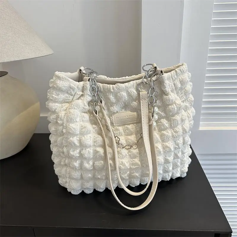 1Pcs Bubble Textured Tote Bag Pearl Chain Decoration Large Capacity For Shopping Dating Office Commute