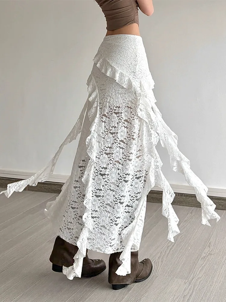 Seksowna spódnica z koronkowym wykończeniem, asymetryczna, z wysokim stanem, wyszczuplająca, w stylu koreańskim, do pracy, o kroju litery A, z poliestru.