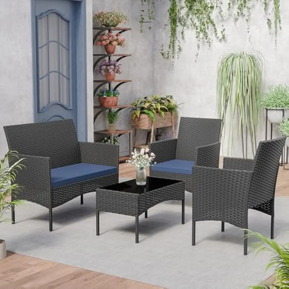 

4 Pieces Garden Furniture Set, Outdoor Wicker Rattan Chairs Conversation Sets w/Coffee Table, Rocking Bistro Set