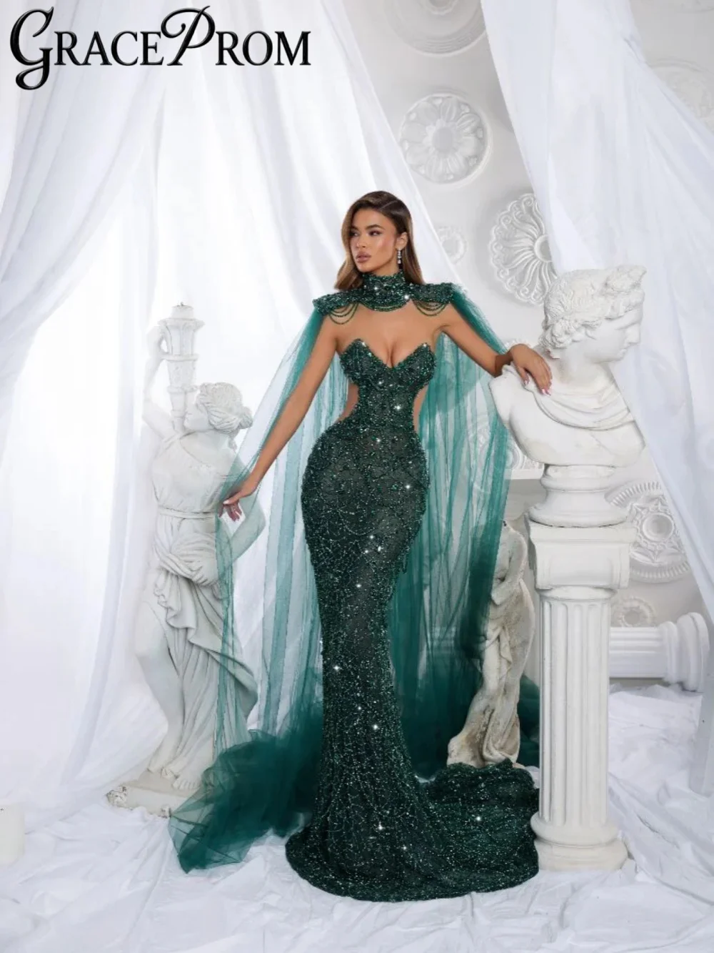 

Green Beaded Sleeveless Evening Dress With Cape Floor-length Mermaid Formal Party Gown 2026 Customized Elegant Red Carpet Gown