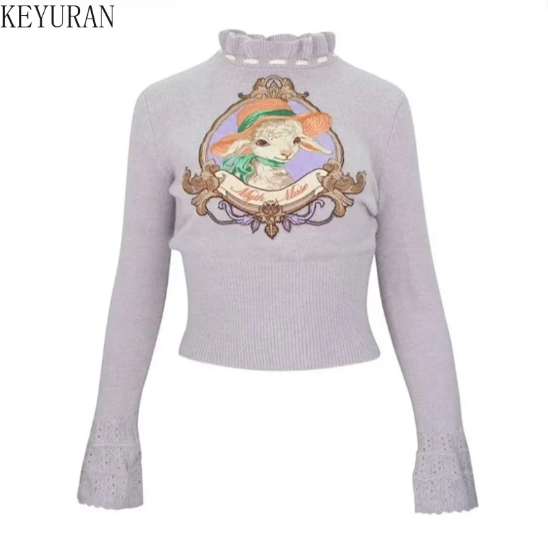 

Винтажный вязаный пуловер с вышивкой, свитер, женский весенне-осенний модный тонкий трикотаж с длинными рукавами и оборками на воротнике, топы, женский джемпер