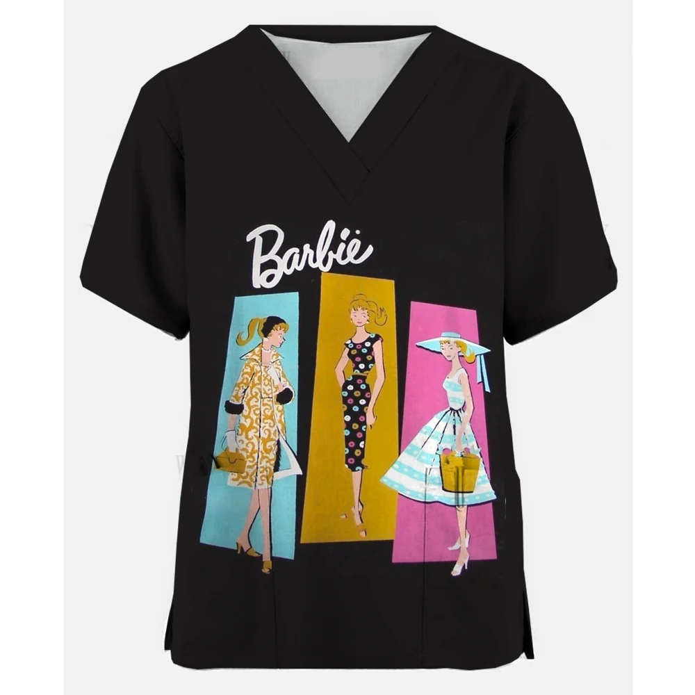 Medical Nurse Uniforms Women Medical Barbie print Scrub Shirts Clinical V-neck Blouse Cartoon Pocket Scrubs Top Beauty Work