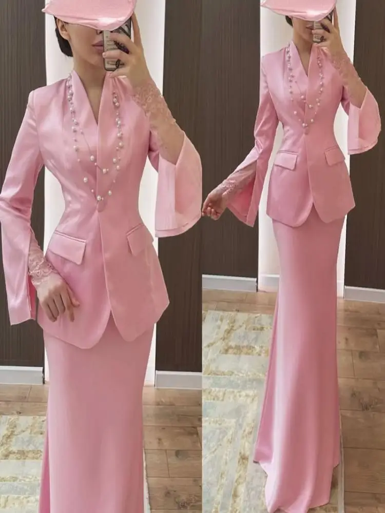 Ensemble deux pièces pour femmes, tenue de printemps élégante, tempérament, épissage en dentelle, coupe cintrée, Blazer à manches longues et jupe taille haute, 2025