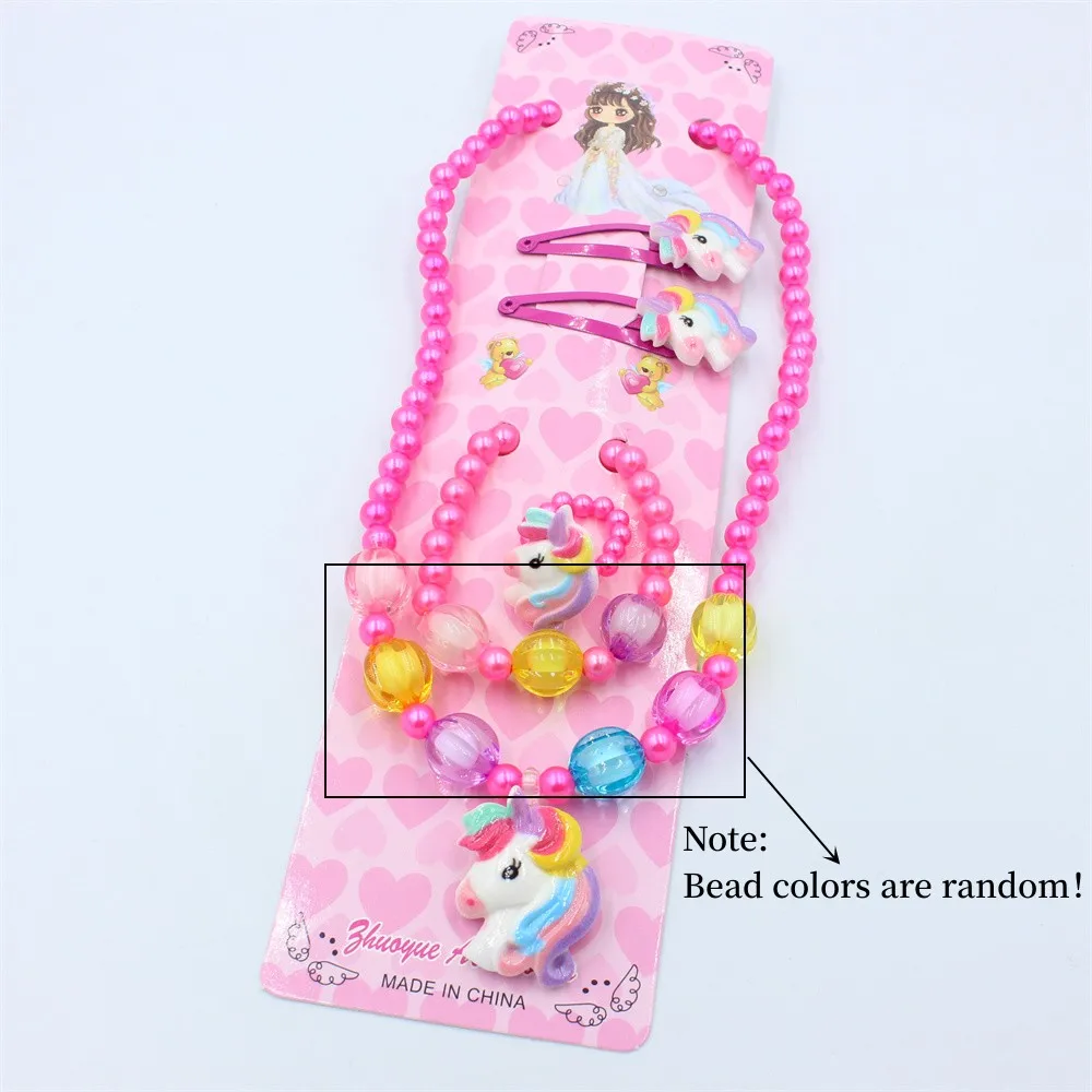 مجموعة واحدة من المجوهرات المصنوعة يدويًا على شكل وحيد القرن للأطفال، مجموعة مجوهرات مطرزة على شكل حيوان لطيف وسوار وخاتم ومشابك شعر كهدية للأميرة الصغيرة #4