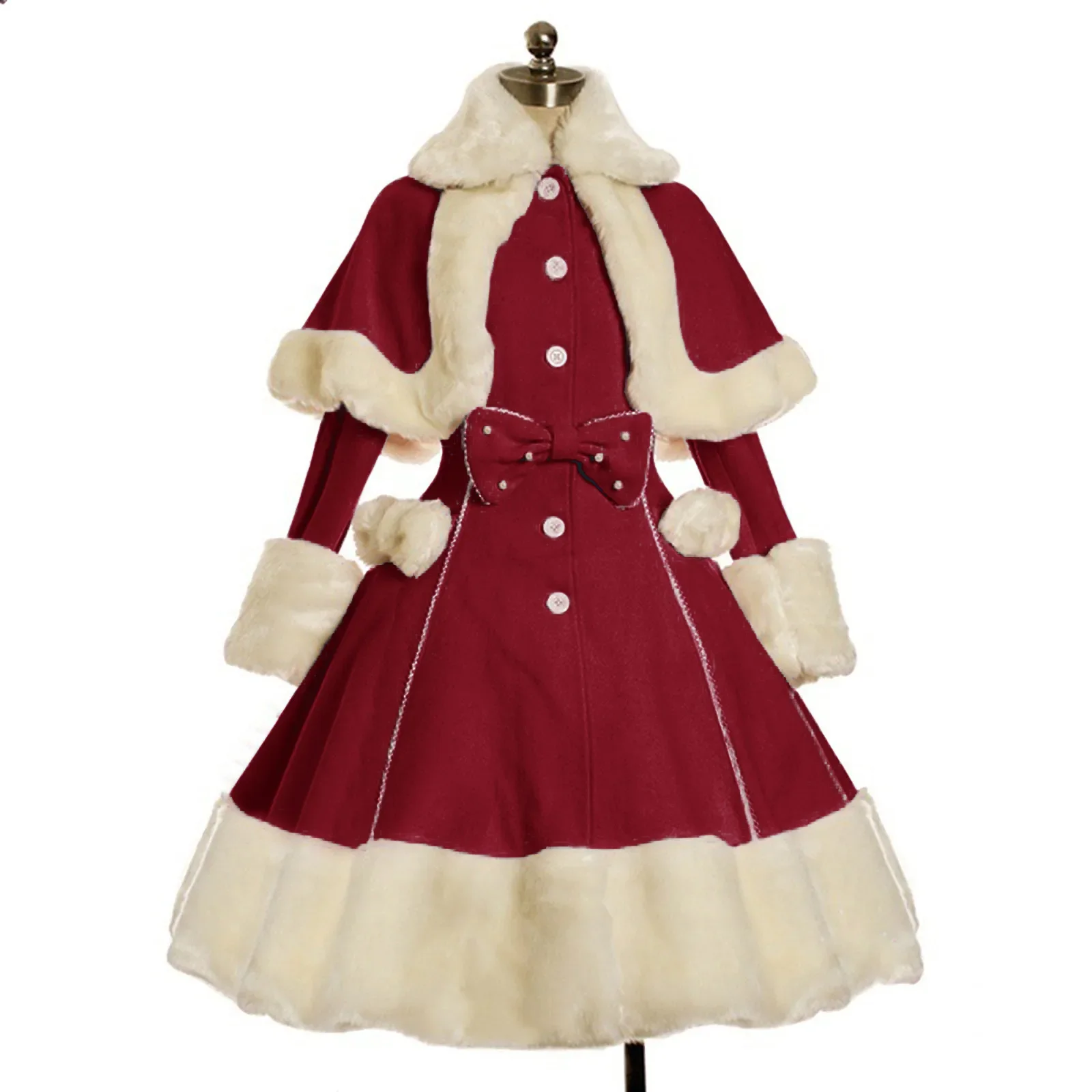 

Autumn And Winter Women Dresses Retro Lolita Style Solid Color Princess Dress Fur Collar Trumpet Sleeve Shawl Large Swing Dress