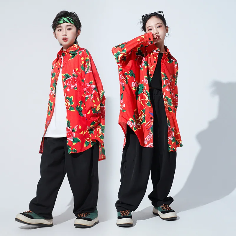 Girls Hip Hop Dance Costume Kids Jazz Street Dance Peony print Red Shirt Pants/Short for Festival Stage Boys Red Clothing