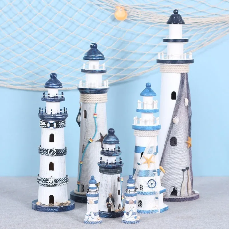 Mediterranean Wooden Lighthouse Old Decorations Home Decoration Creative Marine Style Decor Gift for Kids  Living Room