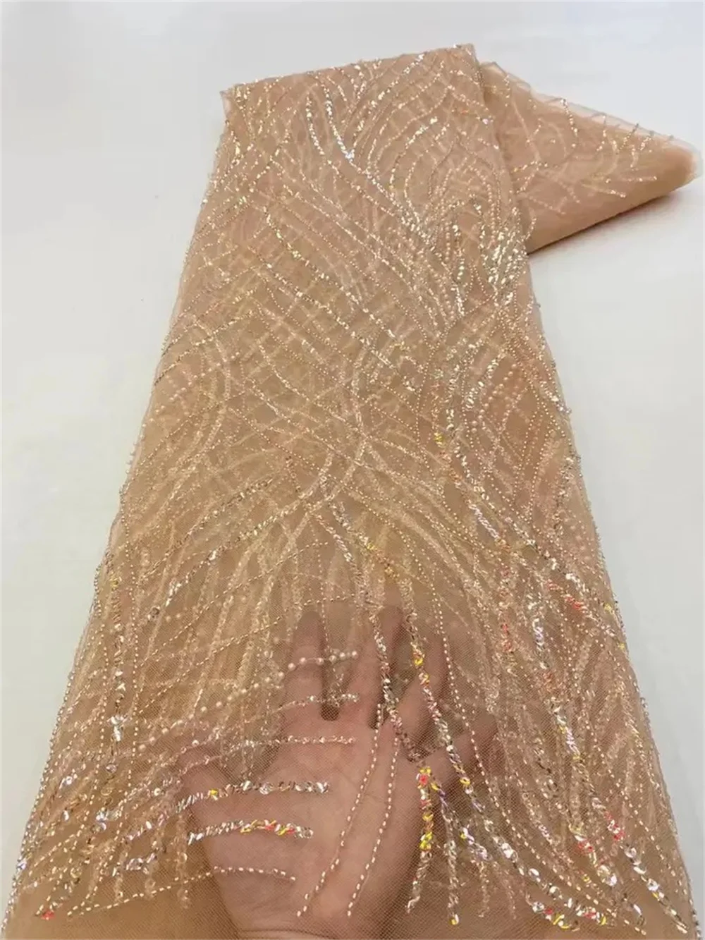 African Sequins Beaded Lace Fabric High Quality Crystal Beads Lace Mesh Fabric Wedding Tulle Mesh Sequin Fabric 5 Yards Cutting