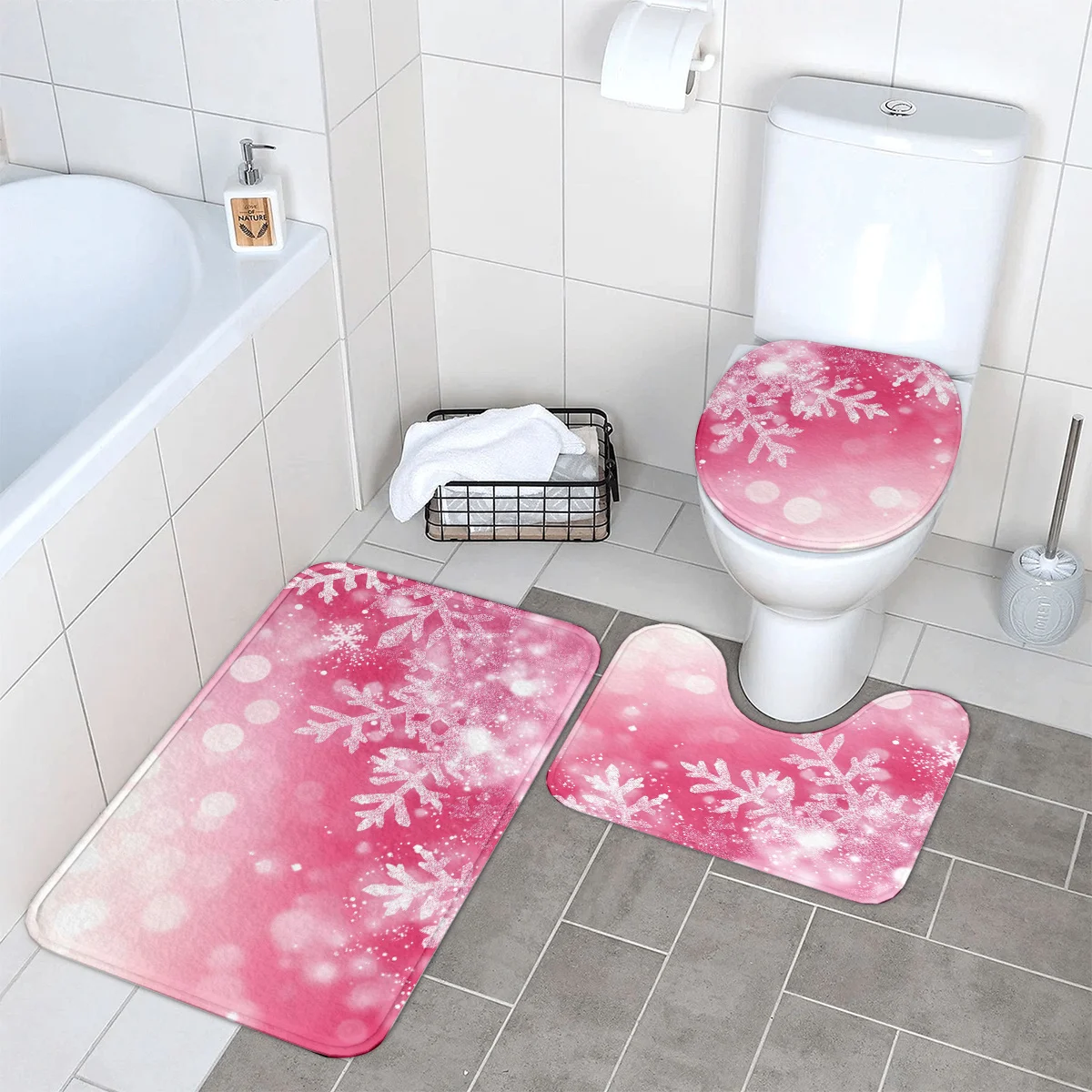 2D Flat Pink Gradient Snowflake Bathroom Mat Set, 3pcs, Bokeh Winter Pattern, Home Decor for Bathroom