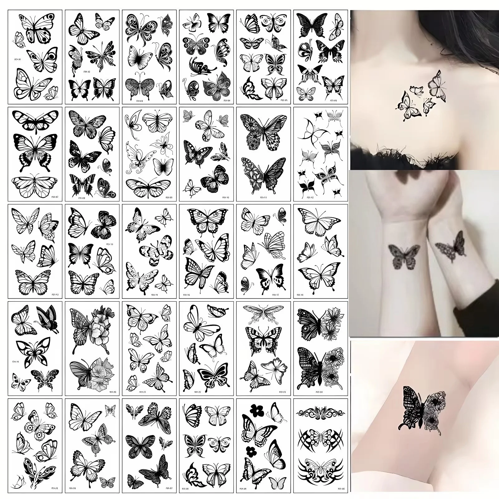 30pcs/set Simple Removable Temporary Tattoos Stickers for Women Girl Realistic Black Butterfly Fake Tattoo Leg Clavicle Forearm