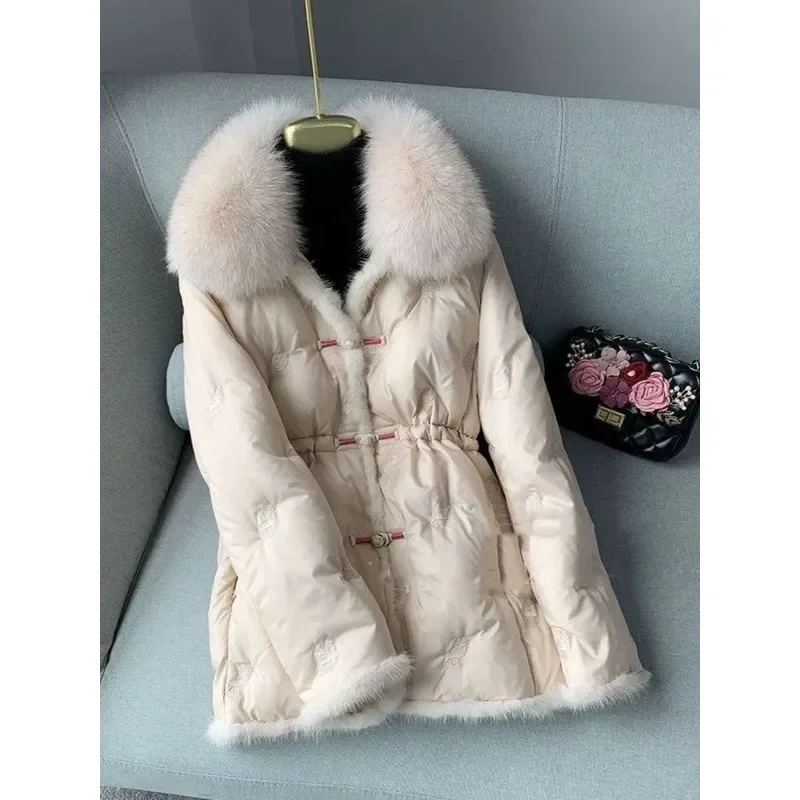 Young Fashion Chinese Style Fur Down Long Coats Winter for Women 2025 Winter New Fox Fur Collar Medium Length Goose Down Coat