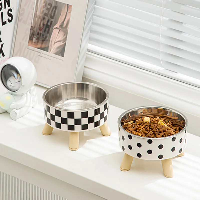 A Cat Bowl For Cats And Dogs, Simple Polka-dot Stainless Steel Pet Tall Bowl, Drinking Water, Anti-overturn Water Bowl, Food Bas