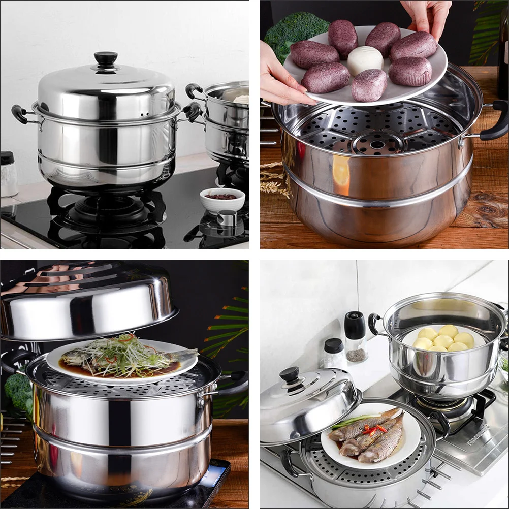 Pot Steamer Stainless Steel Cooking Cookware Steam Kitchen Soup Double Steaming Saucepot Pots Layer Basket Vegetable Boiler Lid