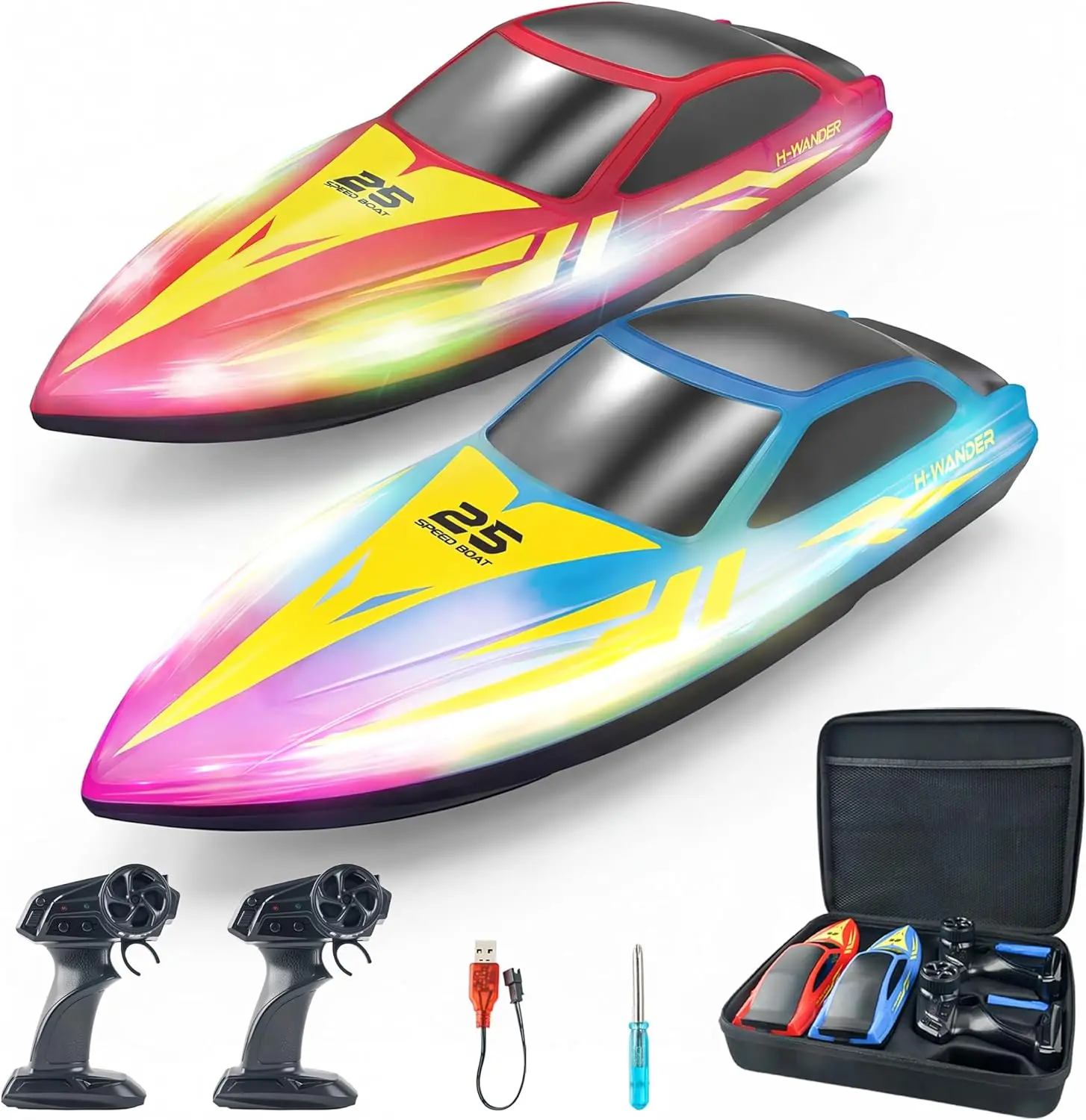 10-Inch Remote Control Boats, 2-Pack - 7 LED Lighting Effects, 120-Minute Playtime, 15 KPH Speed, for Pool & Lake Fun, Kids & Adults, Red & Blue