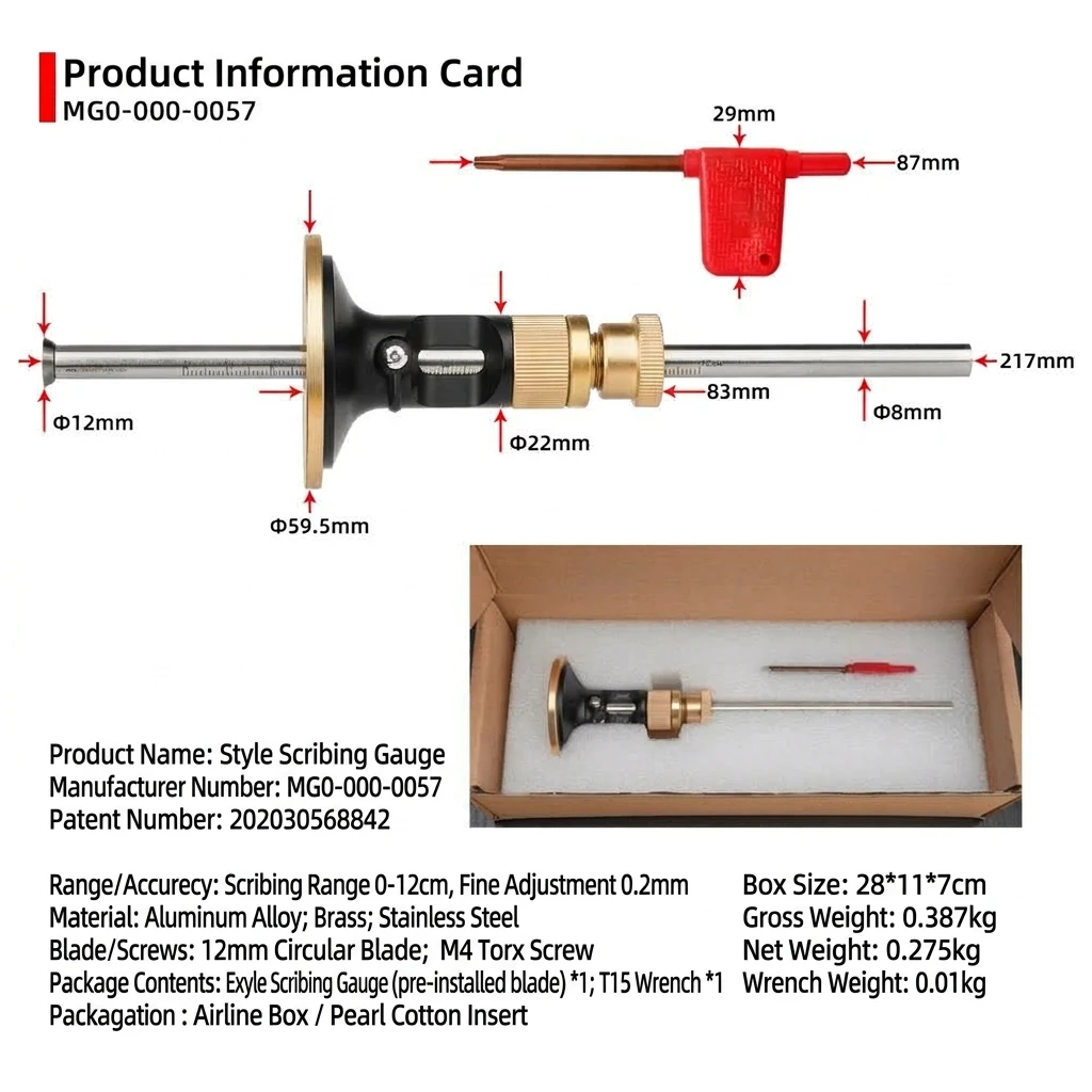 YGTITAN Marking Gauge 0-120mm, Micro-Adjust 0.2mm, Aluminum Brass Stainless Steel, 12mm Circular Blade, Woodworking Tool