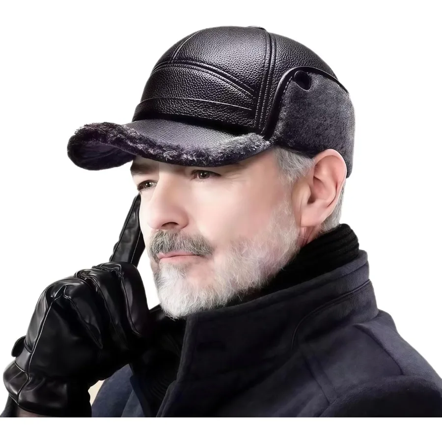

Winter for Men Outdoor Hat Warm Sport Golf Baseball Cap Leather Dad Caps with Earflaps for Gifts