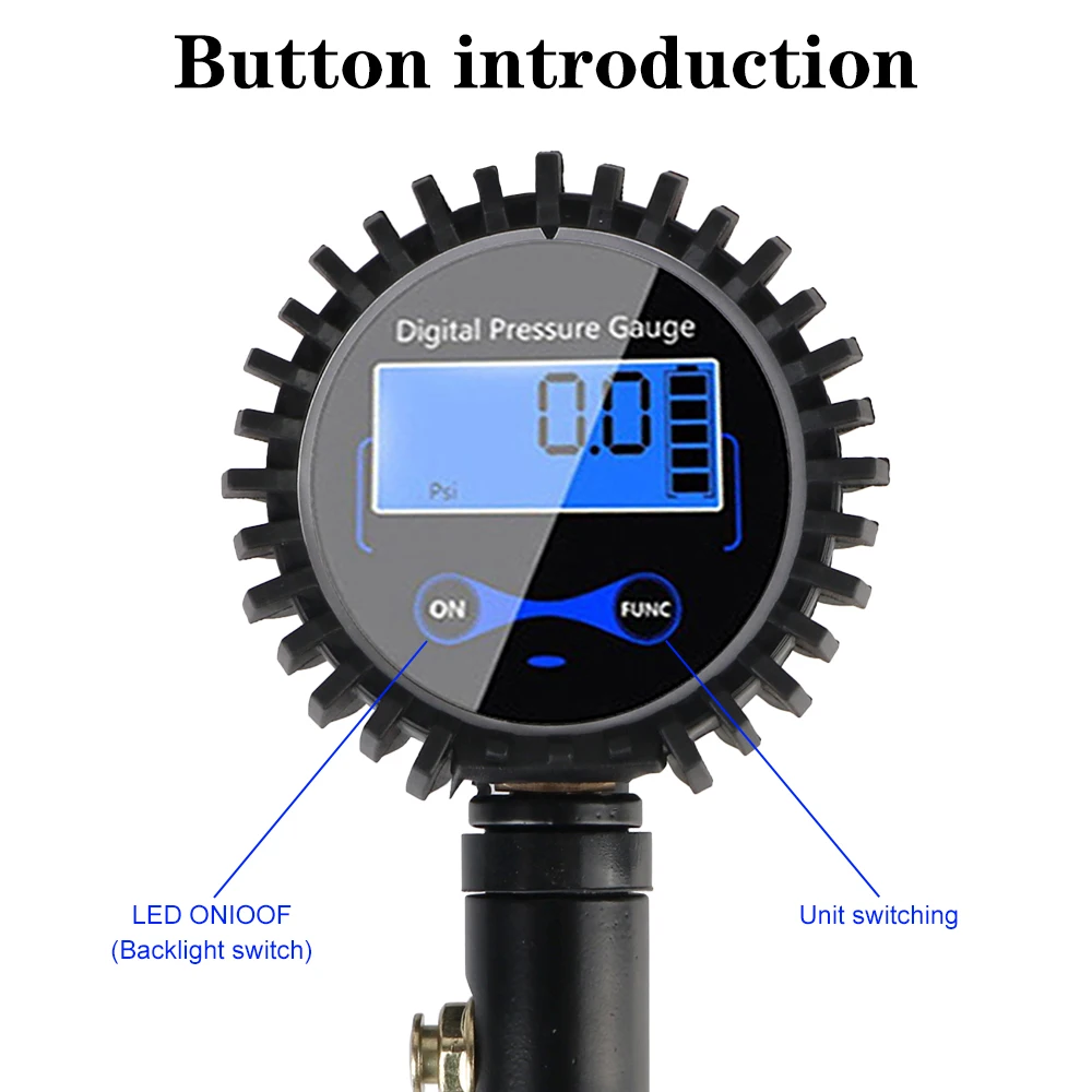 Universal LCD Digital Inflation Monitoring Manometer Tire Pressure Inflator Gauge Aluminum Alloy Air Line Clip-on Tyre Pump