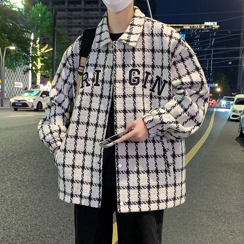 

Американская ретро-куртка в клетку для мужчин, свободного кроя, молодежная, весенне-осенняя, модная верхняя одежда из качественной ткани, ветрозащитная, на одной пуговице