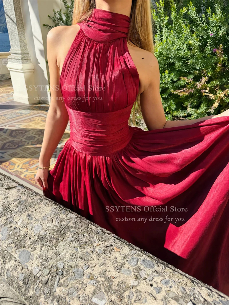SSYTENS Shiny Red Halter A Line Evening Gowns Maxi Backless Party Gown Floor Length Evening Dresses vestidos de gala Customized