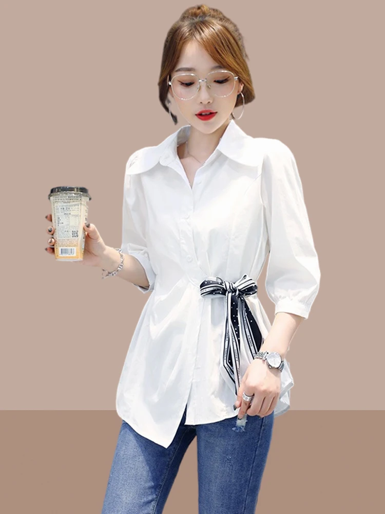 

White Slim Fit Shirt Women's Summer New Style Seven Sleeve Shirt Uneven Belt Design Waist Inward Slimming Top French Style Po...