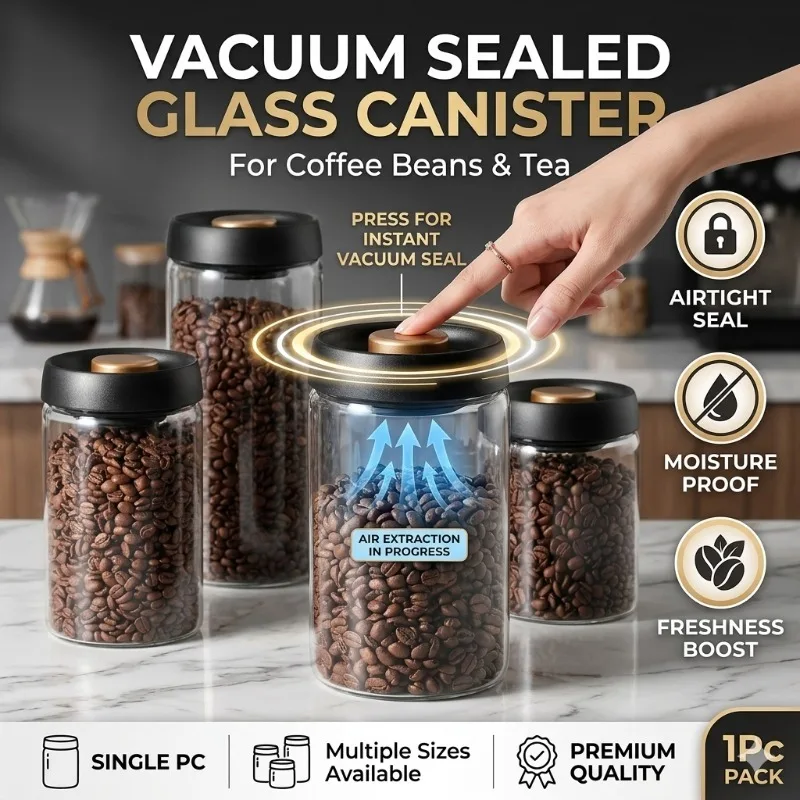 Coffee Beans Vacuum Sealed Canister Glass Food Storage Jar Airtight Moisture Proof Air Extraction Tea Kitchen Container 1Pc
