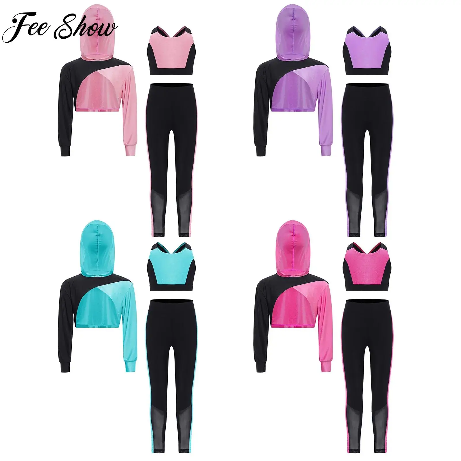 

3pcs Kids Girls Color Block Sports Set Long Sleeve Asymmetrical Hem Cropped Hoodie with Vest And Leggings Gym Fitness Activewear