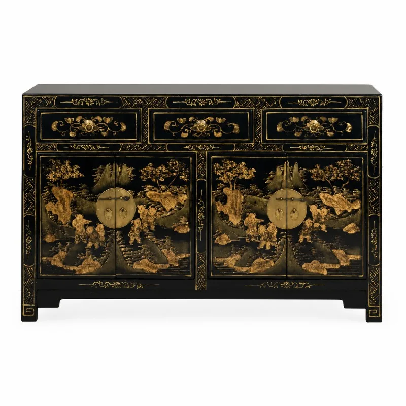 Chinese solid wood dining side cabinet, black gold-painted antique foyer, entrance cabinet storage, hand-painted end-view
